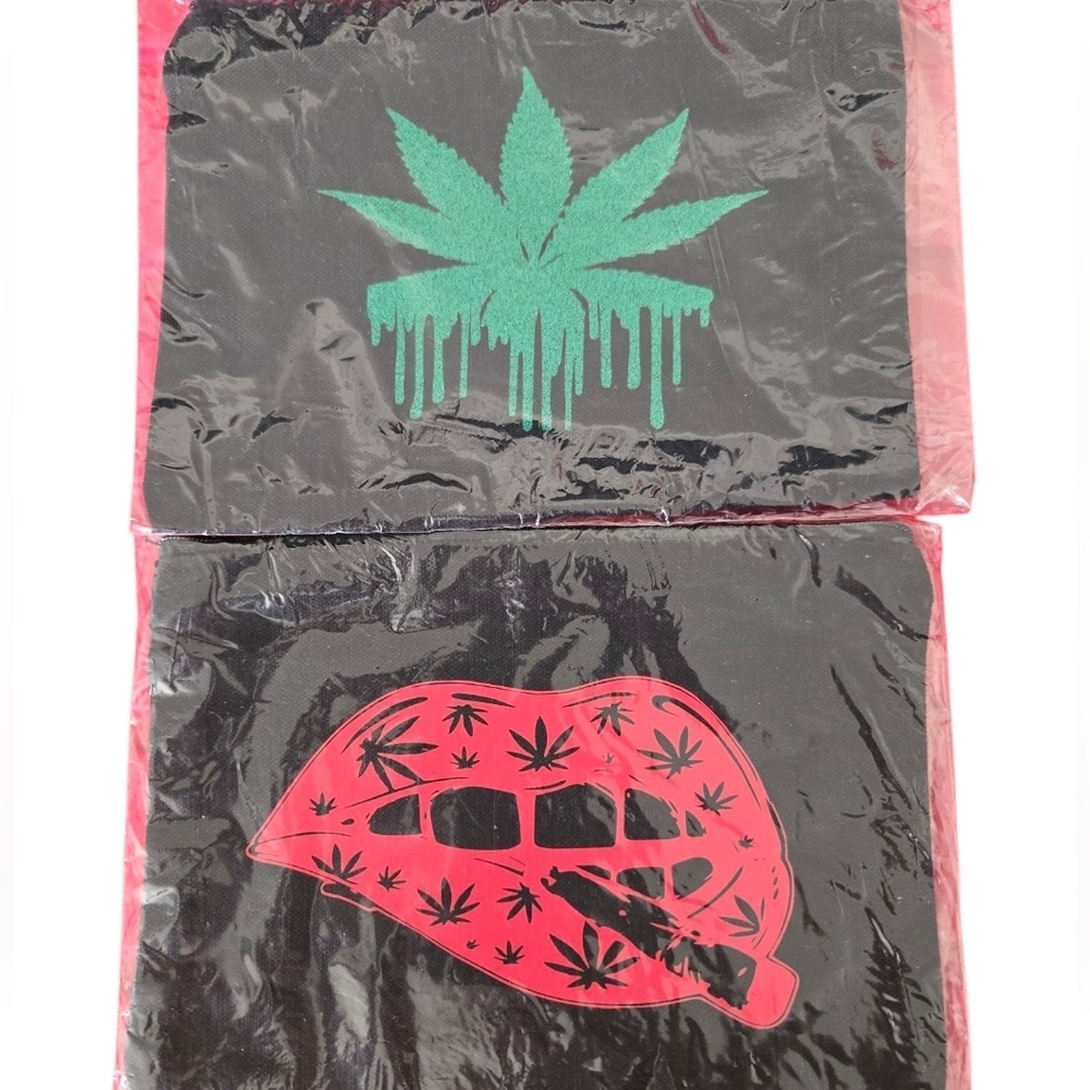 Lot Of 2 NIB Stash Bags Green Leaf and Red Lips Designs